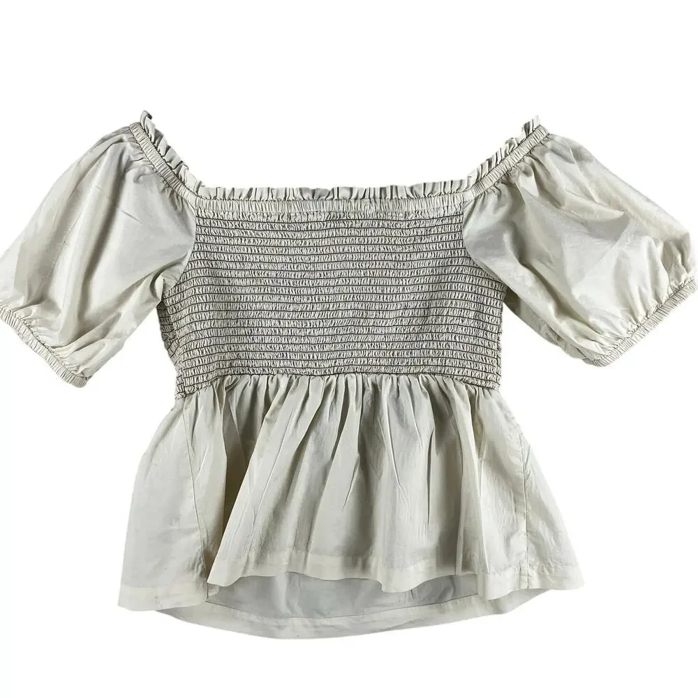 Old Navy Womens Smocked Puff Sleeve Peplum Top SZ L Cream Square Neck Boho